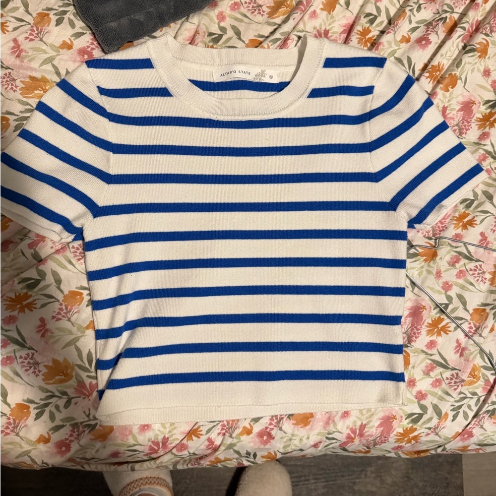 Altar'd State Blue and White Striped Cropped Tee